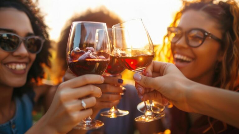 Heureux groupe d'amis s'amusant ensemble à la table avec du vin et de la nourriture dans un restaurant ou un bar